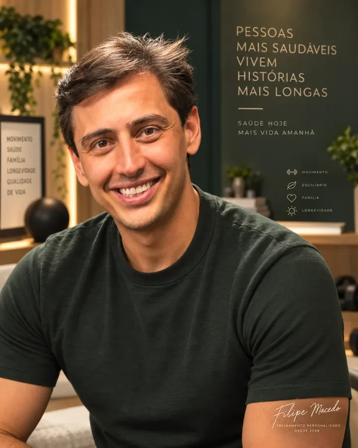 Filipe Macedo sorrindo, usando camiseta escura.